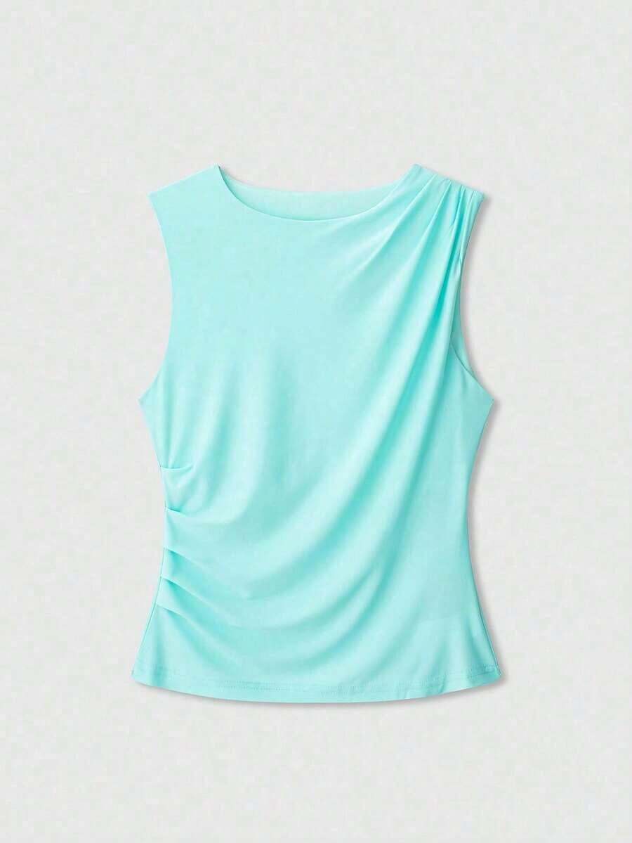 Blusa sin mangas de verano de estilo casual con drapeado en color amarillo mantequilla para mujer - Celeste - Ver 1