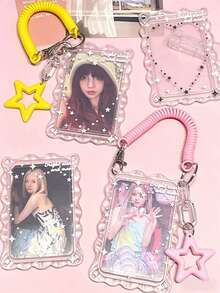 1 PC 2D Ins Style Transparent Lace Card Holder, Simple & Elegant, For Student ID, Bus, Subway, Campus Meal Card And Photocards With Cute Star & Spring Pendant - Multicolor - View 3