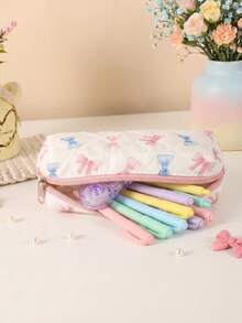 1PC Personalized Name Cute Bow Makeup Bag Aesthetic Custom Cosmetic Pouch For Girls Women Big Capacity Organizer Portable For Travel Daily Use Gift - Pink - View 6
