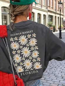 Women's Loose Fit T-Shirt With Sunflower And Letter Print, Short Sleeve And Round Neck, Casual And Modern, Ideal For Spring, Holidays And Outings - 深灰色 - 查看 5