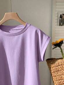 Set de 3 camisetas casuales de mujer de cuello redondo y unicolor, versátiles para uso diario - Lila Púrpura - Ver 4