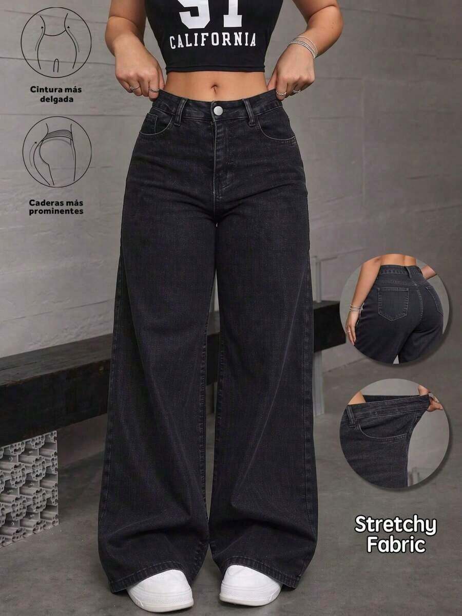 Jeans rectos de mezclilla azul oscuro efecto levantador de glúteos elásticos sueltos - Gris Oscuro - Ver 1