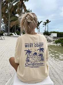 Women's Short-Sleeved T-Shirt With A Round Neck, A Casual Summer Style, Minimalist And Versatile, With A Palm Tree Print And Slogan, Suitable For Everyday Wear. Printed T-Shirt, Black, Vacation - 杏色 - 查看 5