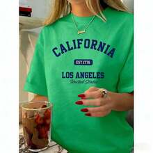 Women's Vintage Graphic T-Shirt With California Los Angeles Design - Casual Crew Neck, Short Sleeve, Cotton, Machine Washable, EST 1776 Print2025 - 綠色 - 查看 6