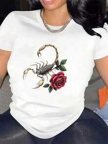 Modern And Minimalist Polyester T-Shirt With Scorpion And Rose Design, Ideal For Use In Restaurants, With Lightweight Fabric, Perfect For Casual Dinners And Everyday Use, And With An Elegant Appearance. - 白色 - 查看 7