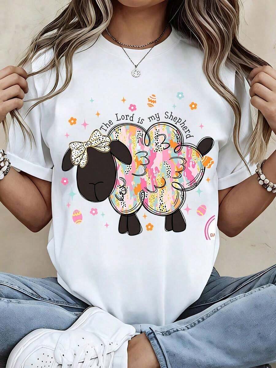 Camiseta de Cuello Redondo para Mujer con Estampado de Oveja y la Frase "El Señor Es Mi Pastor", Manga Corta, Estilo Casual de Verano, Camiseta Gráfica con Temática Religiosa para Mujer, Blusas para Mujer - Blanco - Ver 1