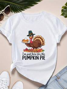 Camiseta deportiva de manga corta para mujer, talla, con estampado de pavo y pastel de calabaza. - Blanco - Ver 1