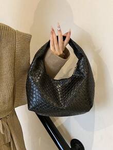 Underarm Baguette Bag, Suitable For Outings, Dates And Commuting. Fashionable Asymmetric Square Handbag, PU Woven Texture Tote Bag, Daily Work Bag, Top Handle Wallet (Pattern Random) - Black - View 10