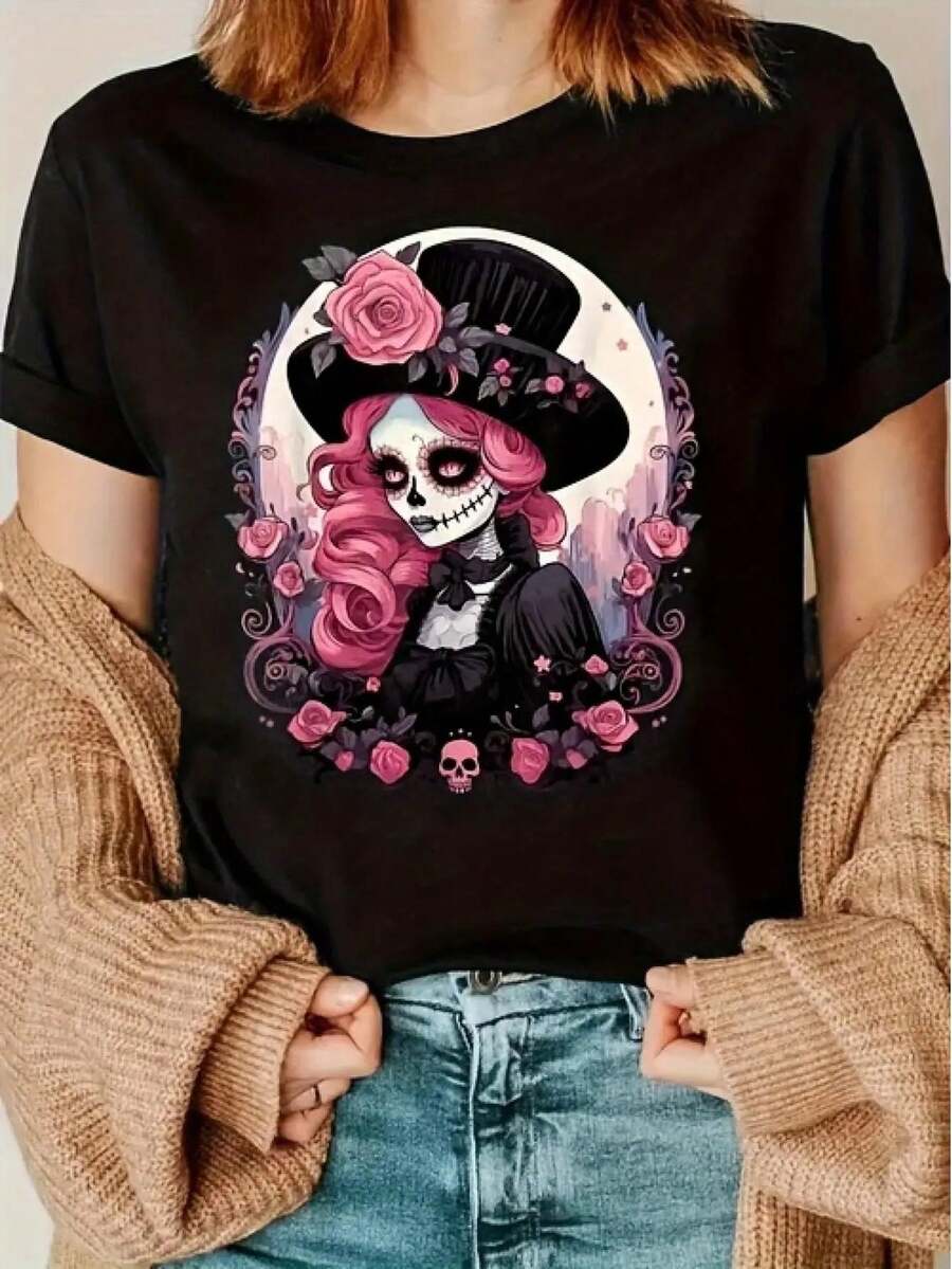 Women's Gothic Halloween T-Shirt - Non-See-Through Casual T-Shirt With Pink Roses, Machine Washable For Everyday Wear And Parties, Halloween Costume Party T-Shirt, Casual Wear, Whimsical Graphic T-Shirt, Medium Stretch Fabric, Seasonal Fashion, Fun Design, Soft Texture, Crew Neck T-Shirt, For Adults. - 黑色 - 查看 1