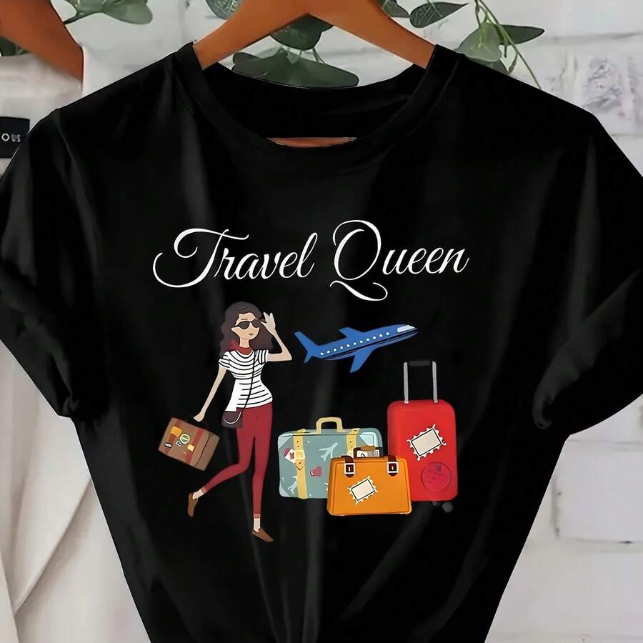 Fashion Creative Pattern Printed Women'S T-Shirt, Suitable For Spring And Summer Casual Women Short-Sleeved T-Shirt, Comfortable Fashion Elegant Women'S Round Neck Loose Women'S Blouse 100% - 黑色 - 查看 1