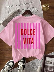 Camiseta de mujer de manga corta con cuello redondo, estampado de letras y rayas, de moda y versátil - Rosa Pálido - Ver 6