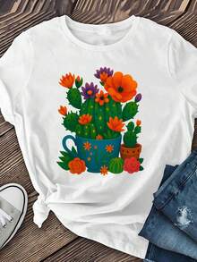 Beautiful Cactus Lady Short-Sleeved, Casual Short-Sleeved T-Shirt, Patterned Printed Round-Neck T-Shirt, Casual Short-Sleeved Round-Neck Top for Spring And Summer - Blanco - Ver 5