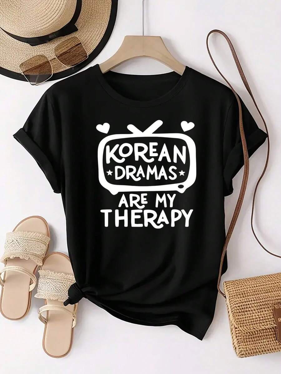 Fashionable Women's Sports T-Shirt With Graphic Print "Korean Dramas Are My Relaxation", Casual Everyday Wear, Round Neck And Short Sleeve, Comfortable Top - 黑色 - 查看 1