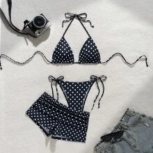 Nuevo conjunto de bikini de tres piezas para mujer, sexy, con tiras de lunares, negro, con cordones, para la playa en verano. - Blanco - Ver 4