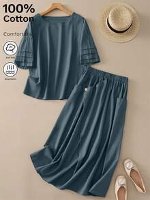 Conjunto de 2 piezas Primavera/Verano de unicolor casual con top de puño con volantes multicapa y falda con diseño de botones asimétricos y bolsillo, material de algodón puro ligero y transpirable, atuendo versátil vintage para uso diario y desplazamientos, falda con diseño retro a juego con blusa de top con diseño de volantes - Agua verde azul - Ver 2