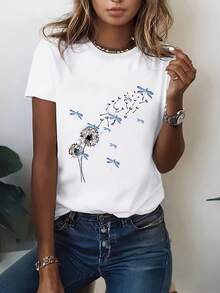Playera de Mujer con Estampado de Diente de León y Libélulas Estilo Natural Fresco Manga Corta Cuello Redondo Camiseta Casual Juvenil Top de Verano - Blanco - Ver 1