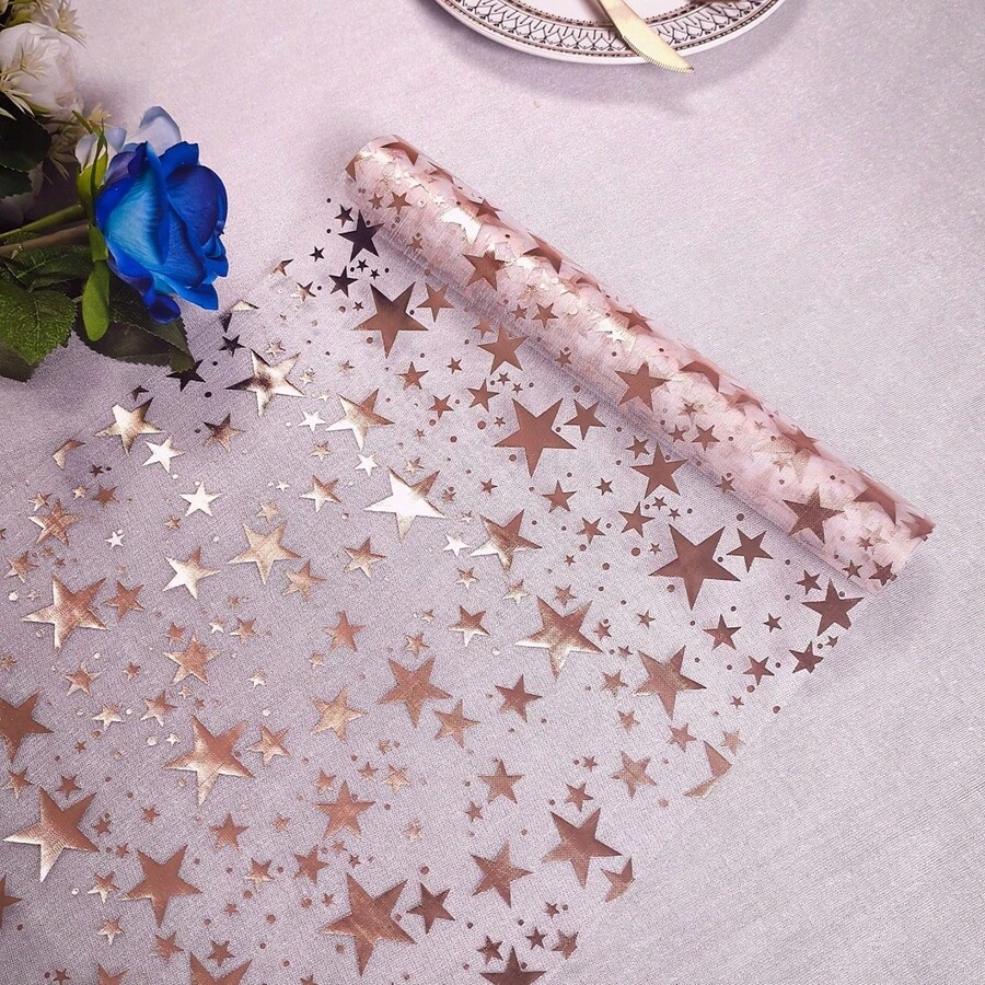 1 Roll Rose Gold Large Star Mesh Polyester Table Runner, Suitable For Atmosphere Decoration, Tabletop Decor, Table Setting Arrangement, Independence Day, Juneteenth And Other Holiday Celebrations - View 1