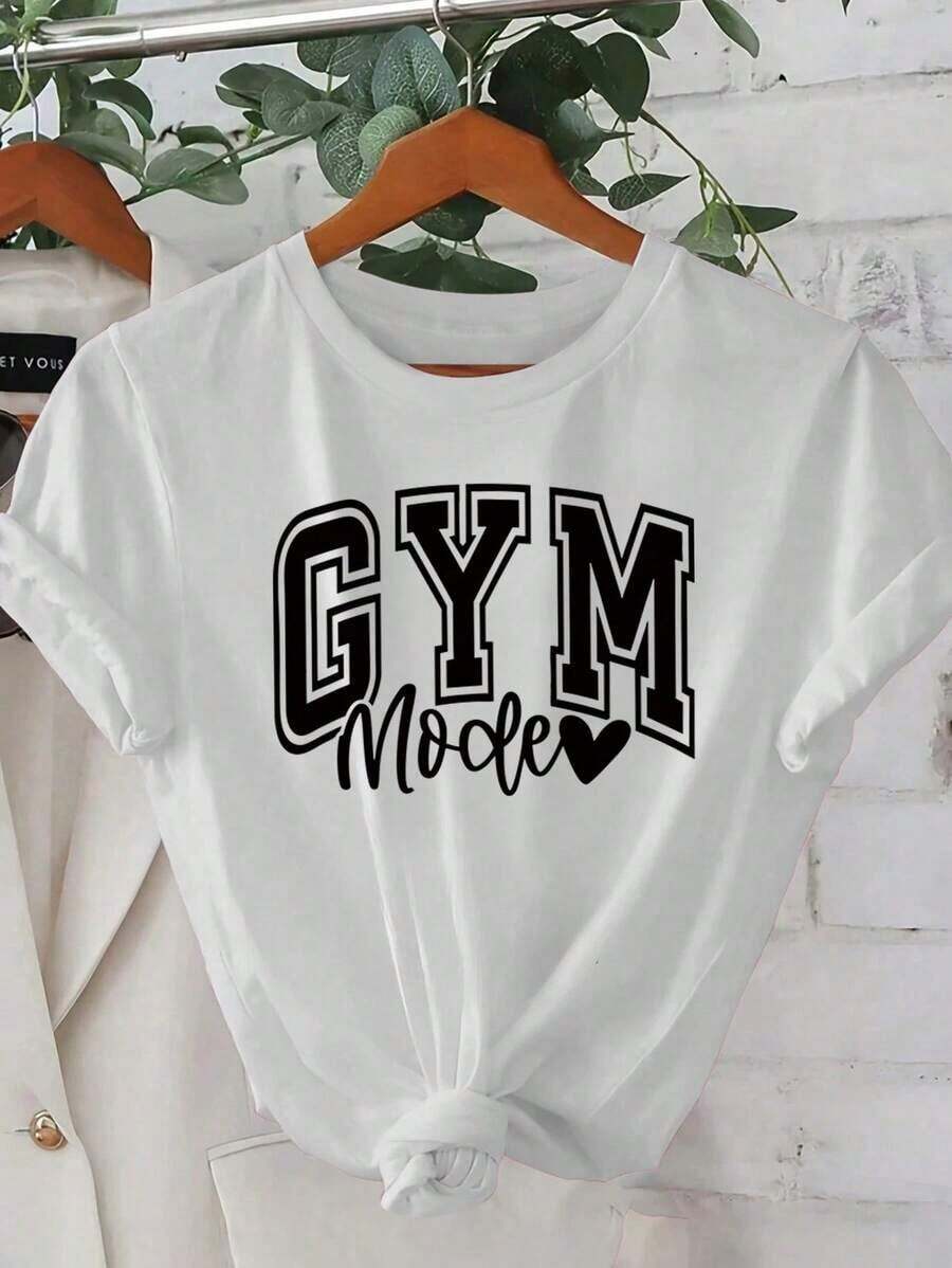 Plus Size Women's T-Shirts, Women's Gym T-Shirt] Women's Graphic T-Shirt "GYM Mode" - Casual, Short Sleeve, Round Neck, Lightweight, Machine Washable, Perfect For Summer And Spring, Gym Wear | Casual Style | Round Neck T-Shirt, Loose Fit And Machine Washable. - 白色 - 查看 1