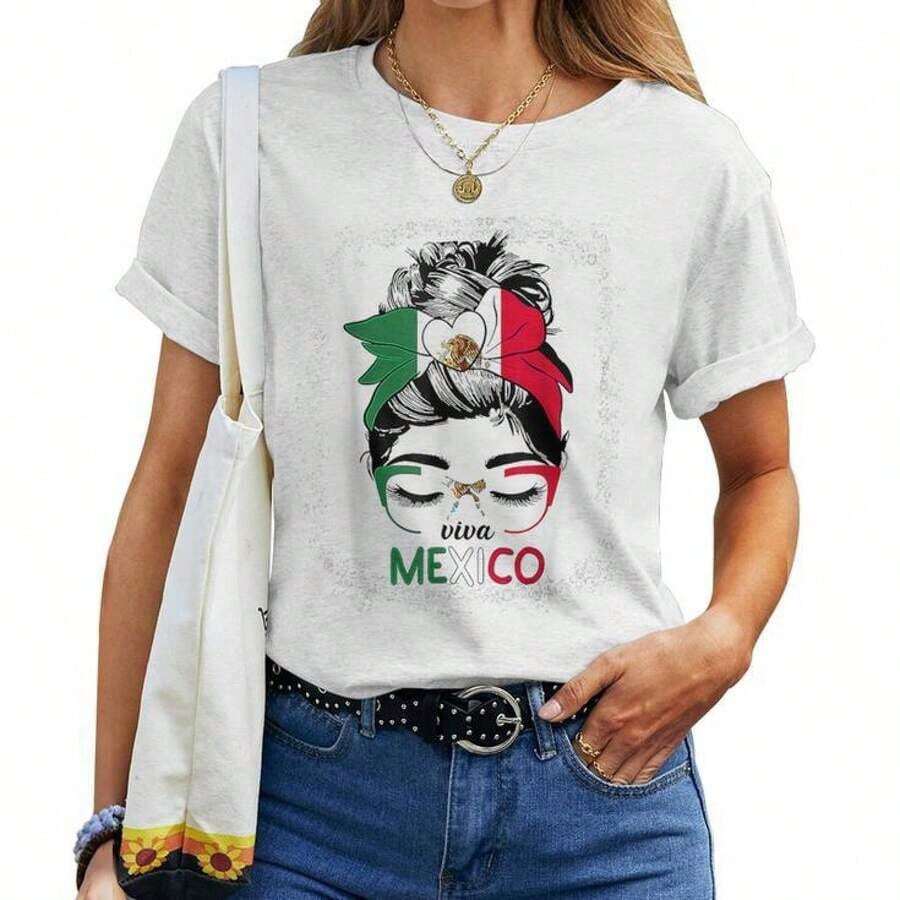 Camiseta de Mujer con Diseño de Moño Desordenado "Viva México" para la Independencia Mexicana / Camiseta de Manga Corta - Blanco - Ver 1