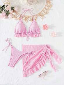 Conjunto de bikini de 3 piezas con tapa de falda, estilo de vacaciones en la playa, para mujer, con bikini halter sin espalda y encaje sexy - Rosa 2 - Ver 8