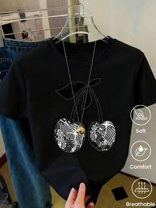180g Made In Mexico, Spring/Summer 2026 Fashion Short Sleeve T-Shirt, Cartoon Print, Couple Style, Underwear/Outerwear, Casual Round Neck For Office, Unisex One Piece Top - 黑色 - 查看 2