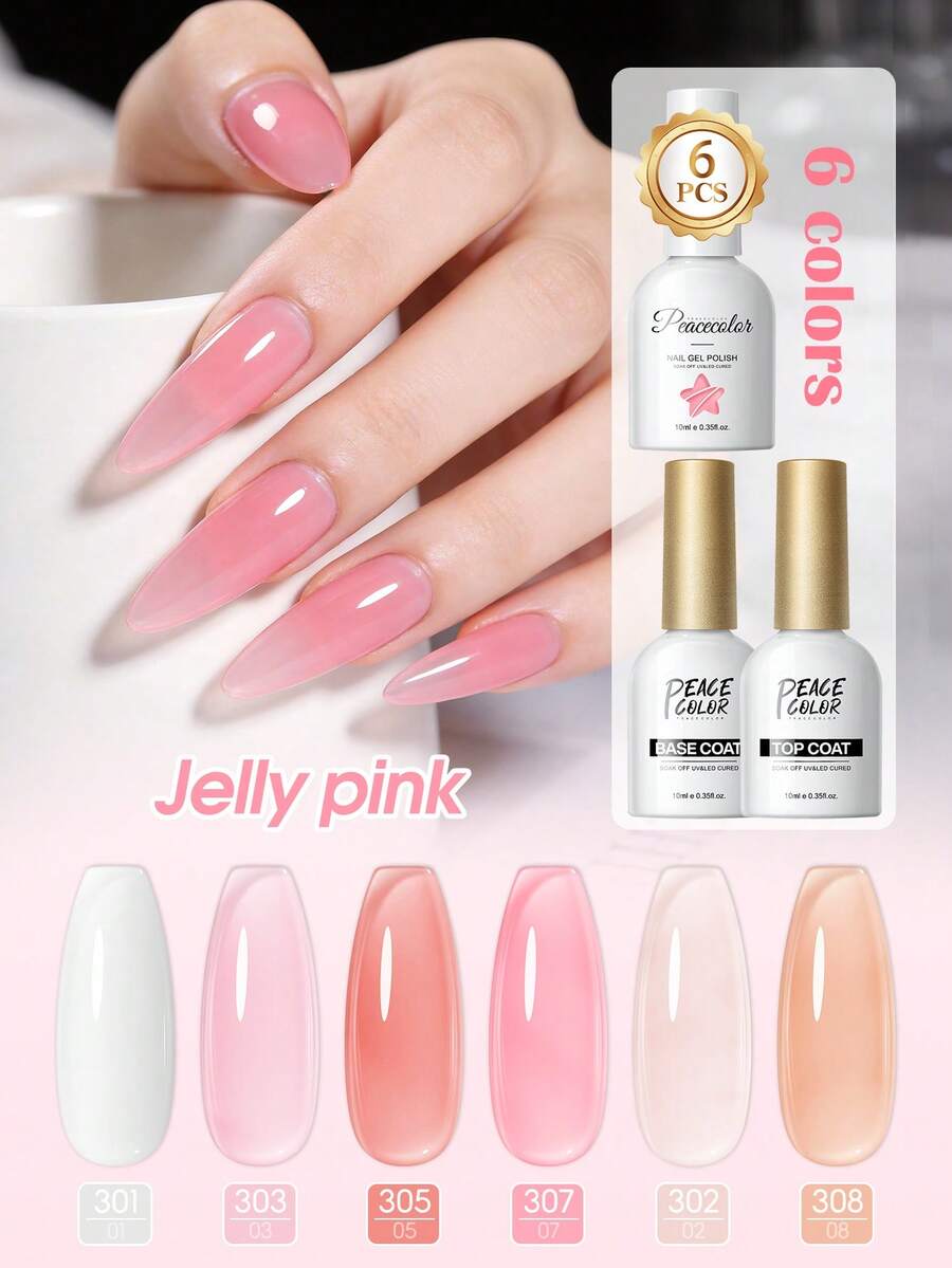 PEACECOLOR 6pcs Transparent Jelly Nail Polish Set, Colorful Semi-Transparent UV Gel Nail Polish, Suitable For Daily Nail Salon And Home Use