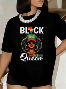 Women's T-Shirt Queen Juneteenth 1865 Graphic Women's Afro Short Sleeve Crew Neck Casual Summer Holiday Celebration T-Shirt 220g - 黑色 - 查看 5