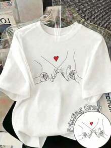 100% cotton Camiseta de manga corta estampada con cuello redondo para damas - Blanco - Ver 2