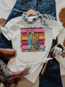 Camiseta Casual de Manga Corta y Cuello Redondo para Mujer, de Poliéster, con Estampado de Leopardo y Cactus - Blanco - Ver 3