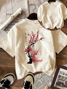 Women's Loose-Fitting Japanese-Style Cherry Blossom Print T-Shirt, 100% Cotton, Breathable, Round Neck, Short Sleeve, Y2K Streetwear, Suitable For Spring Outings, Urban Walks And Casual Daily Wear, Summer Pink Color. - 杏色 - 查看 6