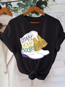 Algodón Camiseta Con Estampado Gráfico De Mardi Gras, Manga Corta, Cuello Redondo, Informal, Para Verano Y Primavera, Para Mujer, % Algodón. blusas para mujer camisa - Negro - Ver 8