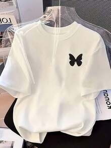 Soft 100% Cotton T-Shirt, 100% Pure Cotton, New Summer Style, Plus Size - Fashionable Printed Short-Sleeve T-Shirt For Women, Butterfly Design On The Left Chest, Round Neck, Casual Top For All Seasons, Machine Washable. A Great Gift For Family, Siblings, Friends, Parents, Or Teachers. Breathable Cotton T-Shirt, Goes With Everything. - 白色 - 查看 6