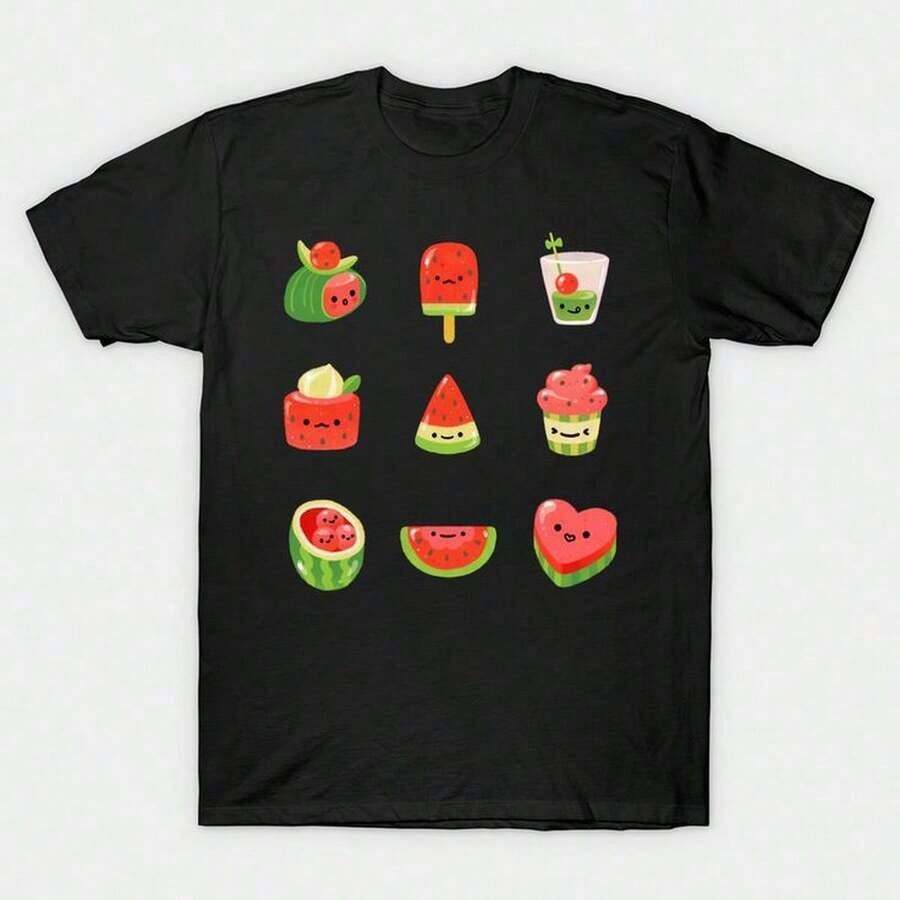 Watermelon T-Shirt 220G Classic Cotton T-Shirt, Unisex, 220g. Simply Perfect. Suitable For Everyone, Whether Women Or Men. Durable, High-Quality Fabric Suitable For All Sewing Needs, Soft To The Touch But Designed To Last. Breathable Tops. Autumn Outfits For Women. Vacation Outfits For Women. Halloween Costume For Women. - 黑色 - 查看 1