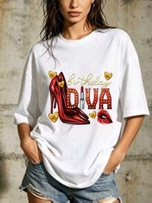 Women's 180g T-Shirt "Birthday Queen" - The Perfect Gift For Her, Ideal For Family Parties And Office Celebrations - Festive Design With Red High Heels And Lipstick, A Must-Have For The Holidays. - 白色 - 查看 1