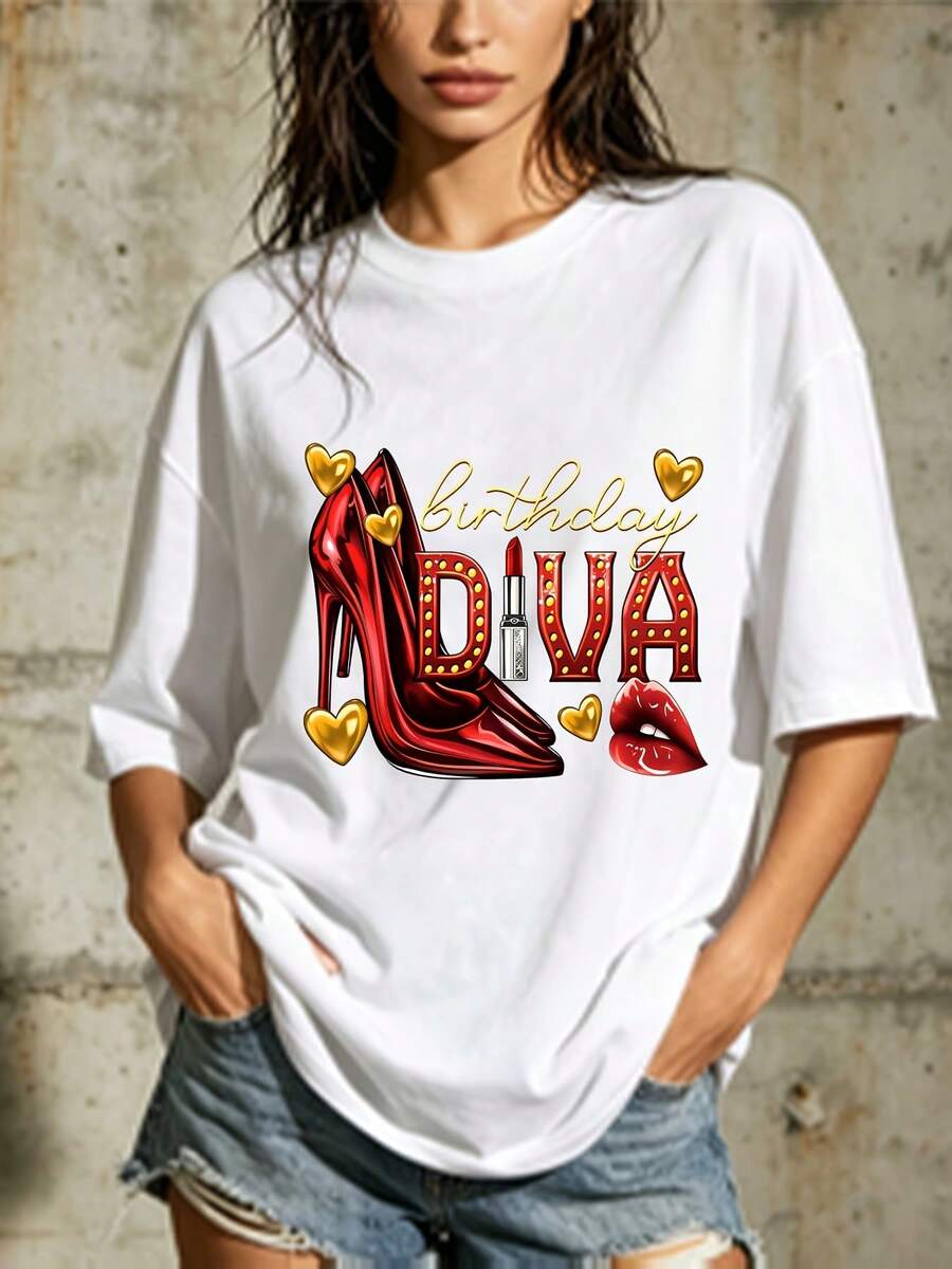 Women's 180g T-Shirt "Birthday Queen" - The Perfect Gift For Her, Ideal For Family Parties And Office Celebrations - Festive Design With Red High Heels And Lipstick, A Must-Have For The Holidays. - 白色 - 查看 1