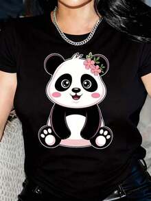 New Arrivals For Summer. Women's Panda And Pink Flower Print T-Shirt - Soft Crew Neck, Casual Everyday Top, Lightweight Women's T-Shirt - Perfect Gift For Animal Lovers, Panda Gifts, Comfortable Fit T-Shirt, Blouse, Shirt > Beautiful. - 黑色 - 查看 10