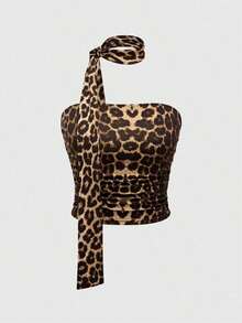ROMWE Goth Top corto acanalado con estampado de leopardo de estilo Y2K que cubre todo el Body - Marrón 2 - Ver 1