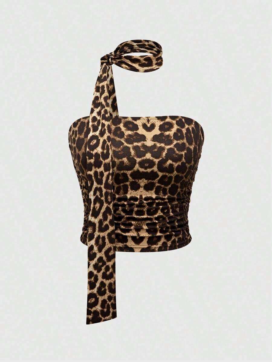 ROMWE Goth Top corto acanalado con estampado de leopardo de estilo Y2K que cubre todo el Body - Marrón 2 - Ver 1