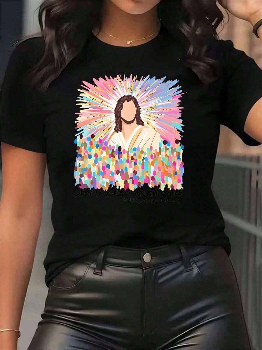 New Arrivals For Summer. Women's T-Shirt With Jesus Christ Print, Colorful Halo And Polka Dots, Round Neck, Casual Everyday Wear, Soft And Comfortable, Festival Blouse, Shirt > Beautiful. - 黑色 - 查看 1
