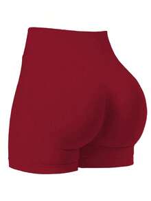 Pantalones cortos de yoga sin costuras de cintura alta para mujer - Levantamiento de glúteos elástico, adecuado para correr, fitness y actividades al aire libre| Apariencia de moda| Tela elástica de verano - Rojo - Ver 5