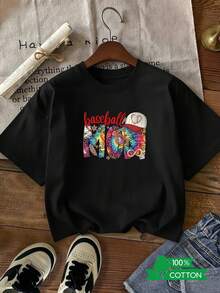 Women's T-Shirt With Round Neck And Anime Letter Print, Simple Design, Comfortable And Breathable, Suitable For Everyday Casual Wear, Showing A Natural And Elegant Style, A Must-Have For Summer Parties, Local Shipping BaseballMOM. - 黑色 - 查看 7