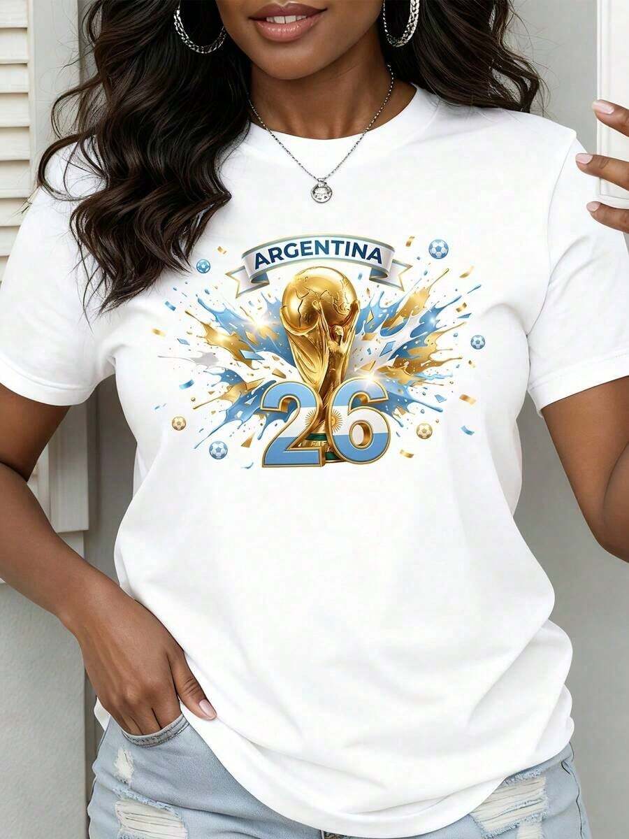 Camiseta de Cuello Redondo para Mujer con Estampado del Trofeo de la Copa Mundial de Argentina 2026, Estilo Deportivo Casual para Fanáticos del Fútbol y Uso Diario - Camiseta Unisex de Algodón, Manga Corta, Cuello Redondo, Estilo Vintage Urbano - Blanco - Ver 1