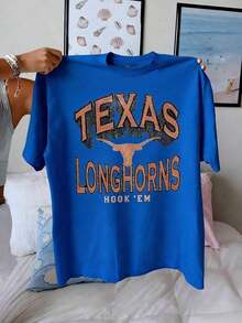 Short-Sleeve T-Shirt With Texas Longhorns Graphic Featuring The Iconic Longhorn Silhouette With Distressed Vintage Lettering, Casual T-Shirt For The Most Passionate Fan, 220g, Comfortable Fit, 100% Cotton. - 藍色 - 查看 3