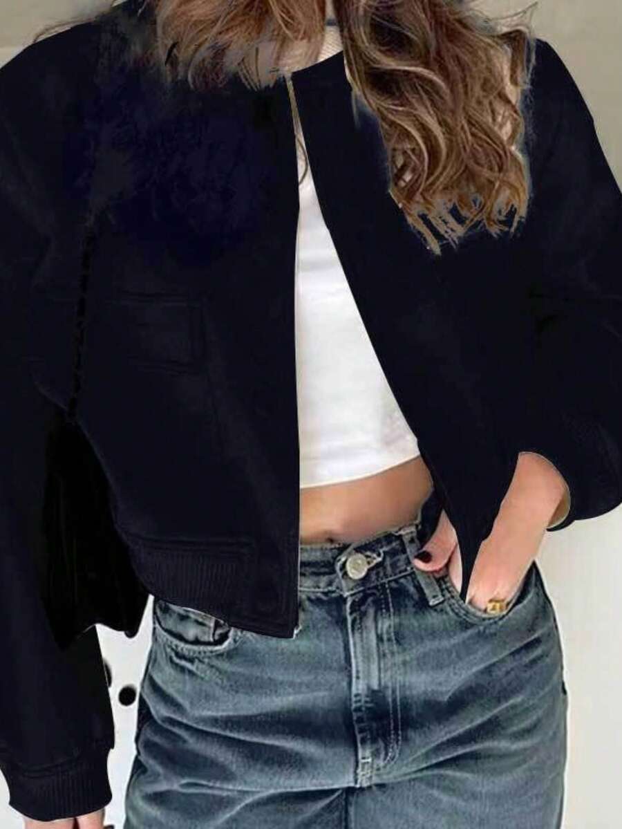 Plain Coat, Round Neck, Single-Breasted, Long Sleeves, Versatile, Spring 2026 - 黑色 - 查看 1