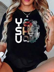 Oversized Black T-Shirt With "YESHUA" And Lion Of Judah, Christian Faith And Messiah T-Shirt, Bible Verse And Worship Blouse, Sunday Service And Religious Aesthetics Gift Tops - Pure-Cotton - 黑色 - 查看 1
