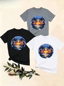 Women's T-Shirts, Women's T-Shirts, Casual One-Piece T-Shirt Set, Sunset Palm Tree Print On The Beach, Short Sleeve Crew Neck Top, Comfortable And Breathable For Everyday Wear. - 1件黑色隨機圖案 - 查看 1