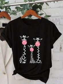 Fashionable Casual T-Shirt With Giraffe Bubble Print, Round Neck, Vintage Style, Short Sleeve, For Women, Sizes S-XXL, Spring, Summer, Autumn - Black 1 - View 7