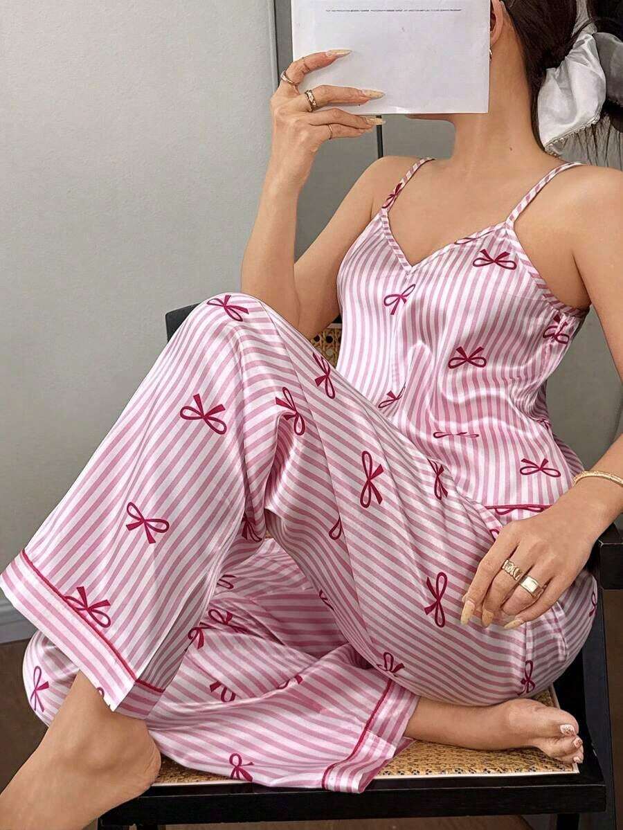 Conjunto de pijama de mujer con pajarita y top de camisola con estampado de rayas de seda sintética y pantalones - Rosa 2 - Ver 1