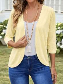 Chaqueta ligera de mujer de unicolor con abertura frontal y manga 3/4 casual - Amarillo claro - Ver 3