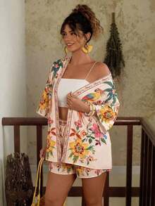 2 piezas Conjunto de talla grande Chaqueta de manga corta con estampado de leopardo, casual y de moda para uso diario - Multicolor 2 - Ver 4